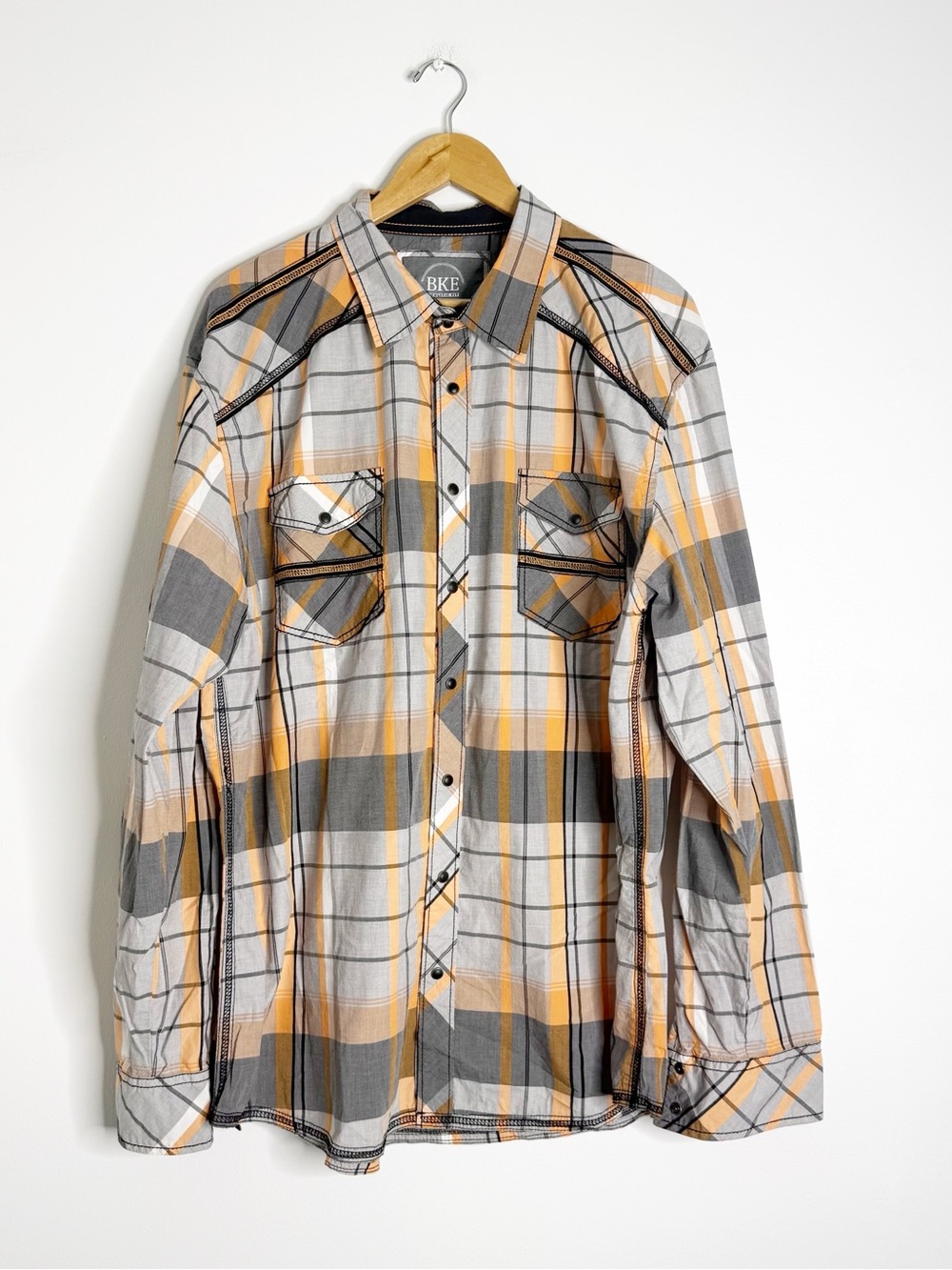 BKE Buckle Men’s Western Plaid Shirt XXL Gray Orange Pearl Snap